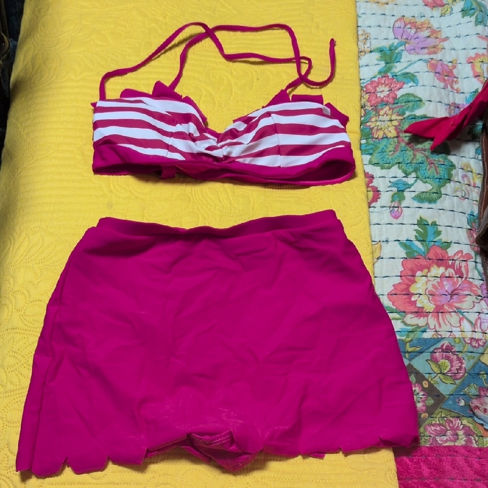 Pink and White Striped Bikini Set